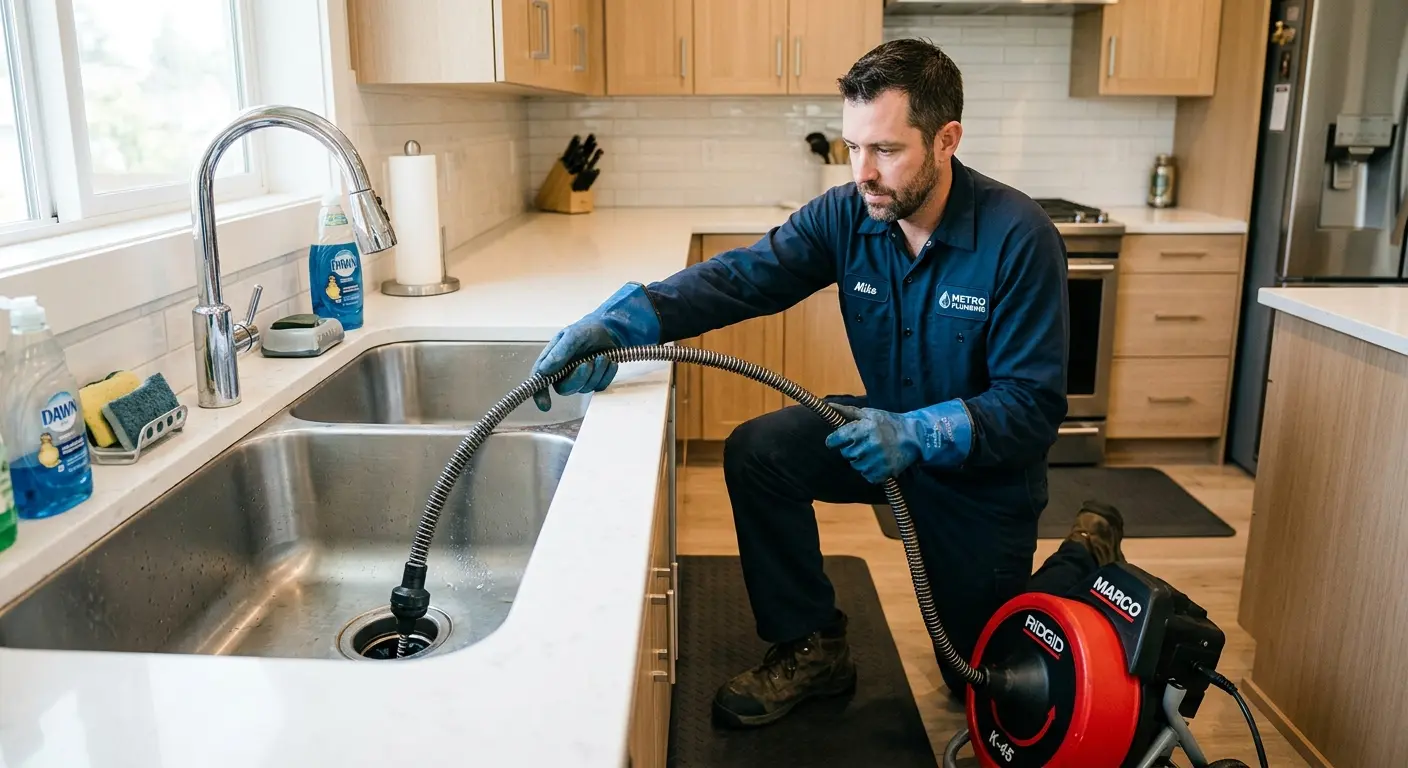 Drain cleaning technician using a motorized snake on a kitchen sink in Brandon