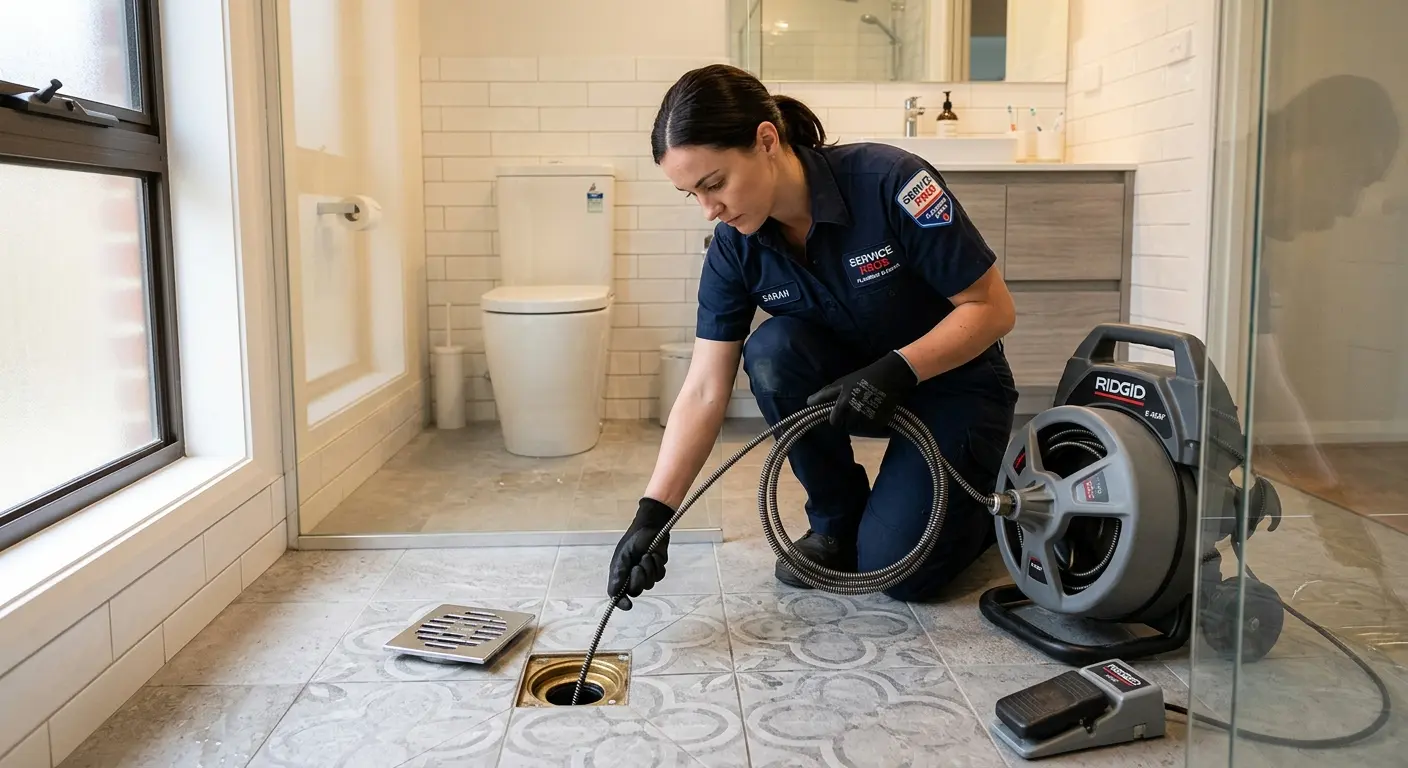 Technician clearing a bathroom floor drain for Drain Cleaning in Brandon